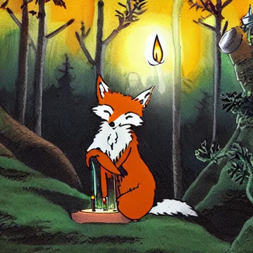 Image similar to a fox carrying a candle in the forest by studio ghibli