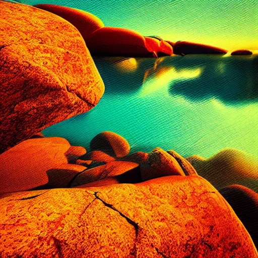 Prompt: beautiful rocky abstract scene!! pixel sorting, complementary colors, serenity, well balanced composition, delicate and precise brushwork, lines, intricate, highly detailed, wide angle, sharp focus, dramatic lighting, scattering, 8 k, depth of field.