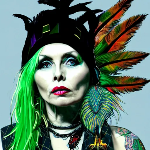 Image similar to portrait of debbie harry as a punk woman with green mohawk, neotraditional tattoos, fishnets, long tartan skirt as phoenix queen, feathers, wings, rainbow clothes,, sci - fi, intricate and very very beautiful and elegant, highly detailed, digital painting, artstation, smooth and sharp focus, illustration, art by tian zi and wlop and alphonse mucha