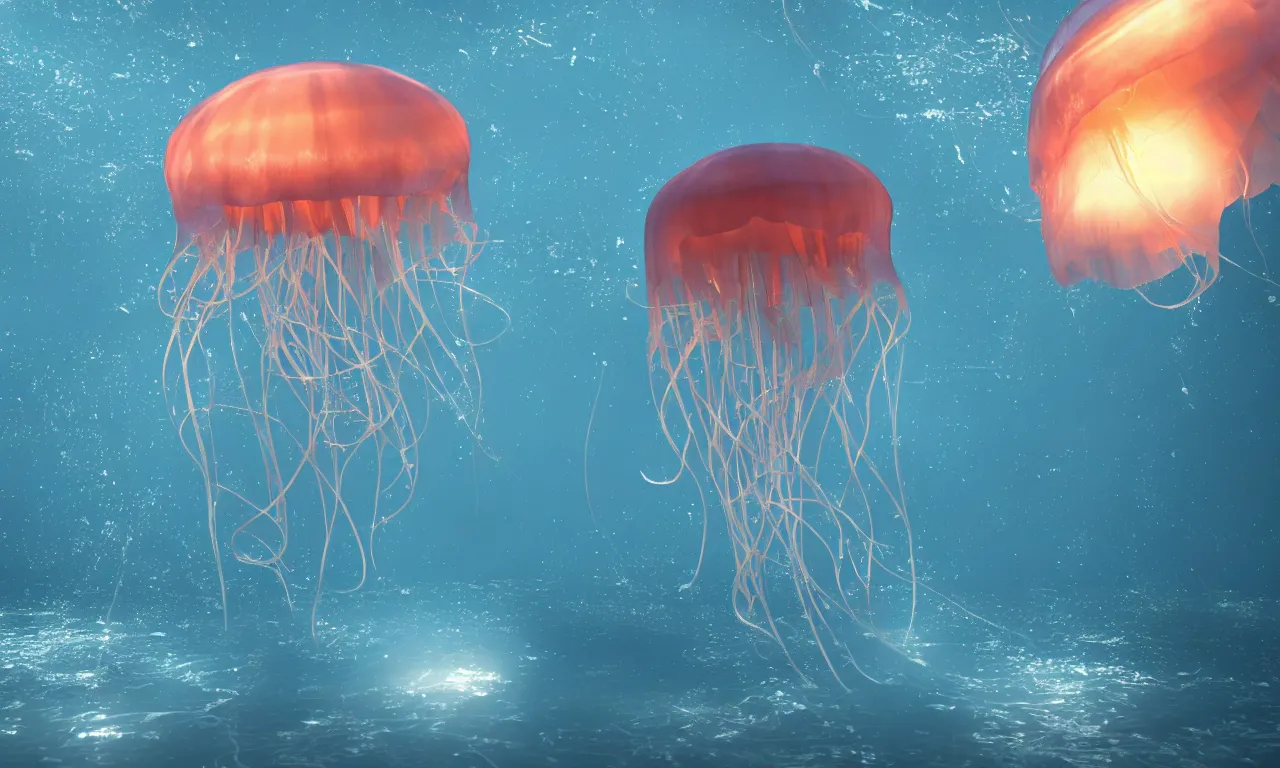 Image similar to Jellyfish swims in the dark sea, trending on artstation, octane render, 8K