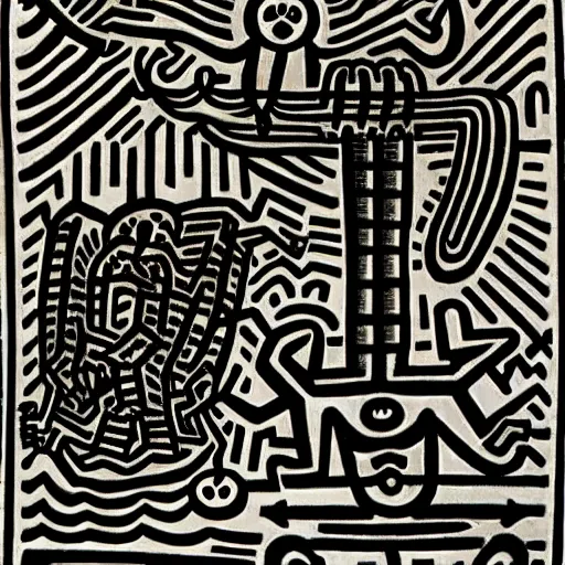 Image similar to smoky angelic otherworldly London line burbot machinery harbor teak tree , by Keith Haring and Evard Munch and Wendy Froud , groovy , smooth , tarot card