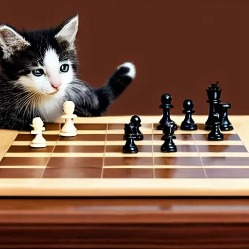 Prompt: a chess game where the pieces have been replaced by kittens