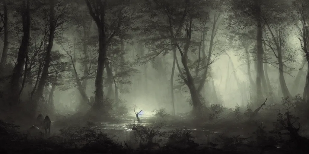 Image similar to [ a dark scene of a dense forest at night with a gentle stream through it, moonlight through trees, volumetric light and mist, fog, a dead fallen tree lays in the water ], andreas achenbach, artgerm, mikko lagerstedt, zack snyder, tokujin yoshioka