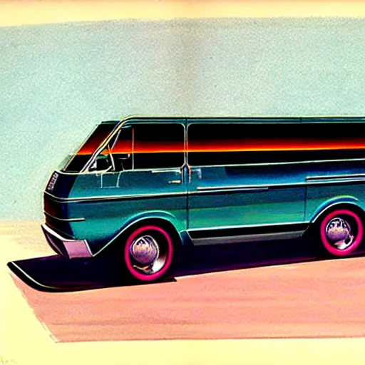 Image similar to concept art for a van with a built - in fire pit, painted by syd mead, high quality