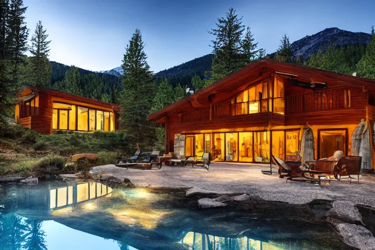 Prompt: modern cabin with pool, mountain background, forest, clear sky, night, cinematic lighting, photorealistic, high resolution, high detailed