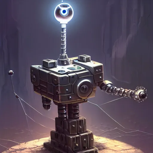 Prompt: a tarnished chrome drilling robot with six legs that has a semisphere for a head, caves of qud, matte oil painting, retrofuturistic, concept art, science fantasy, rpg, epic, sharp focus, dungeons & dragons, award - winning, extremely detailed, 4 k, 8 k