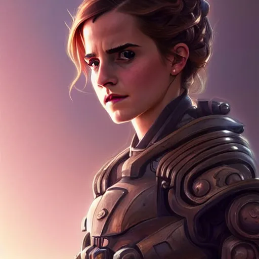 Image similar to beautiful Emma Watson in a Power Armor, western, closeup, D&D, fantasy, intricate, elegant, highly detailed, digital painting, artstation, concept art, matte, sharp focus, illustration, art by Artgerm and Greg Rutkowski and Alphonse Mucha