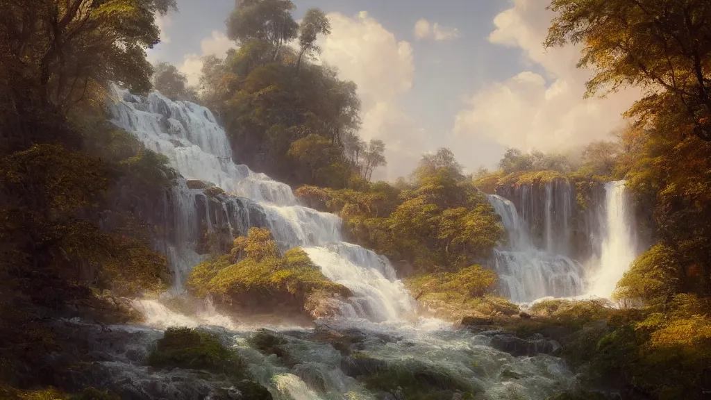 Image similar to the most beautiful panoramic landscape, oil painting, where a giant dreamy waterfall creates a river, the trees around are starting to bloom in a variety of colors, by greg rutkowski, long exposure