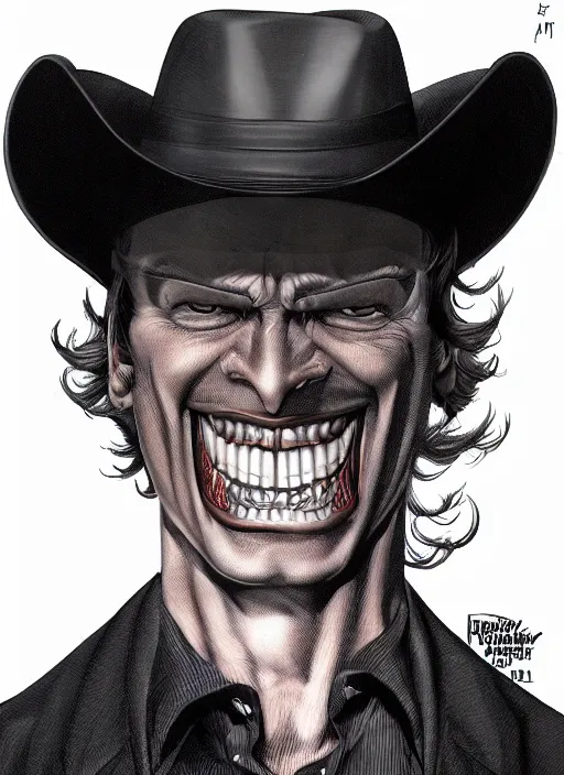 Prompt: aesthetic digital illustration of a handsome grinning young man by brian bolland, rachel birkett, alex ross, and neal adams | dark, sinister, portrait, character concept, concept art, unreal engine, finalrender, centered, deviantart, artgerm