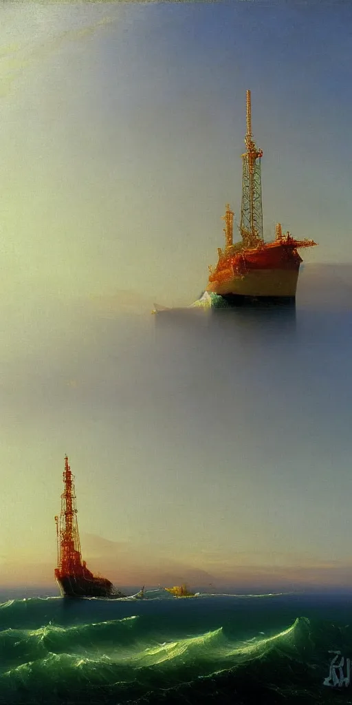 Image similar to oil rig by aivazovsky, oil on canvas, highly detailed, masterpiece painting