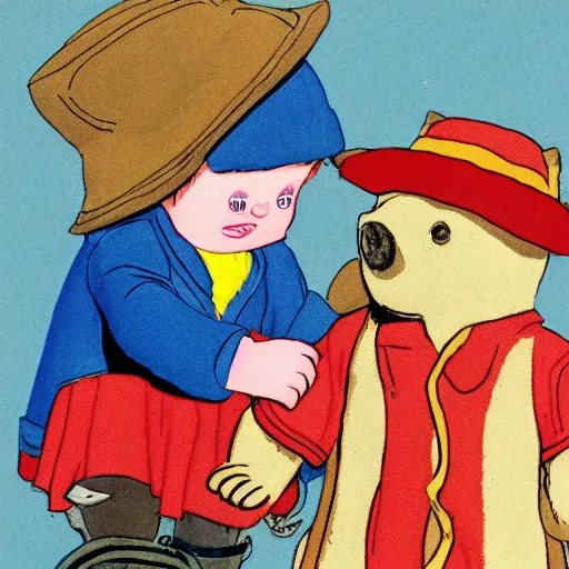 Prompt: an illustration from a children's book featuring paddington bear and pippi