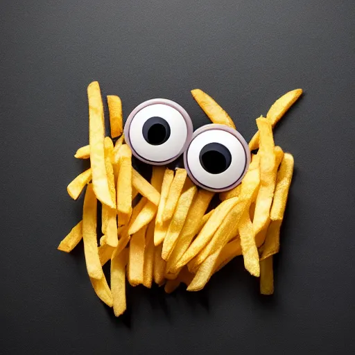 Image similar to photo of [ a single salted french fry chip ] shaped like that looks like stephen fry as a pixar character hybrid intercross mix cinematic lighting