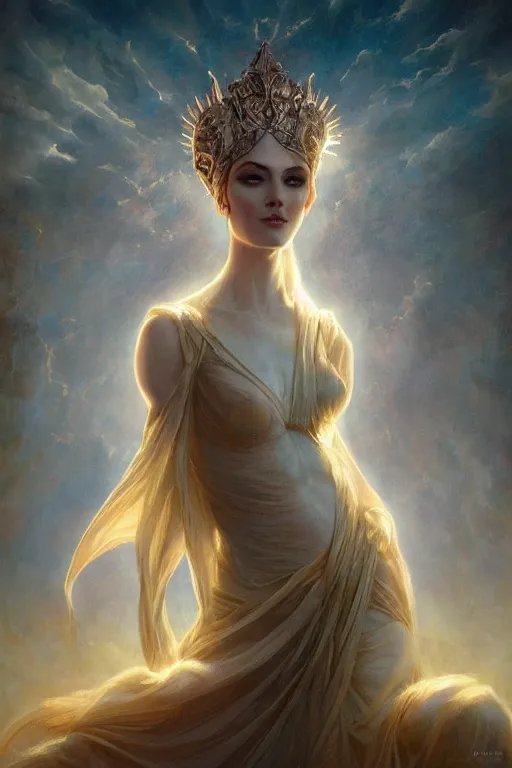 Prompt: a subtle lighting photo of an ancient powerful psychic queen, light colors, bright, sunbeams, eloquent, fancy, lovely, beautiful lighting, golden ratio, artgerm, tom bagshaw, gerald brom, detailed, small details, intricate,