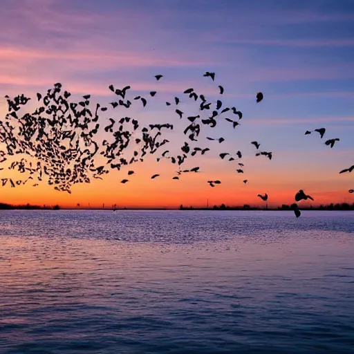 Prompt: Birds fighting for food, sunset, river, balloons, hunt