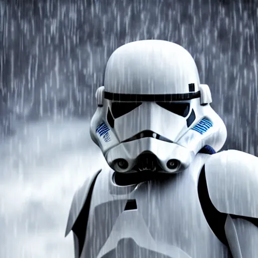 Prompt: clone trooper screaming to the sky, fine details, heavy rain, 8 k, shallow depth of field, moody lighting, cinematic lighting,