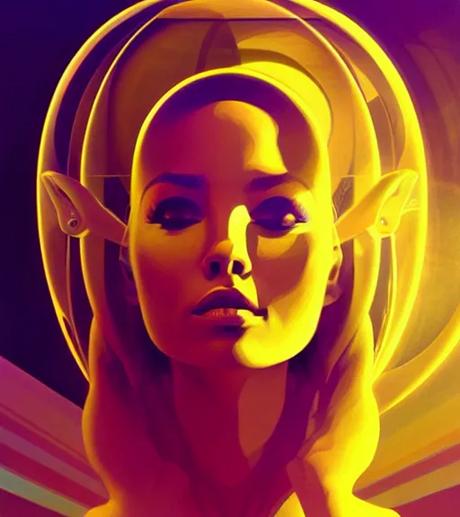 Image similar to a golden woman 2/3 portrait, in space, head breaking apart and spiraling geometry into the sky upwards into the heavens, 3 point perspective, lazer light beaming down to top of her head, by james jean, by syd mead artgerm, featured in artstation,, elegant, Moebius, Greg rutkowski, futurism