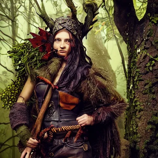 Image similar to a determined dnd deep gnome druid with leather clothing and leaves and sticks in her hair, photo by annie leibovitz