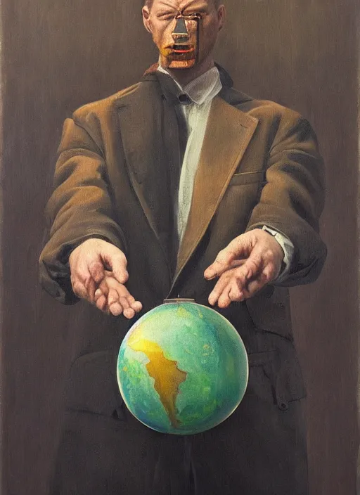 Prompt: a painting of a man holding a globe in his hands, a surrealist painting by Szymon Kot, deviantart, metaphysical painting, oil on canvas, surrealist, dystopian art,