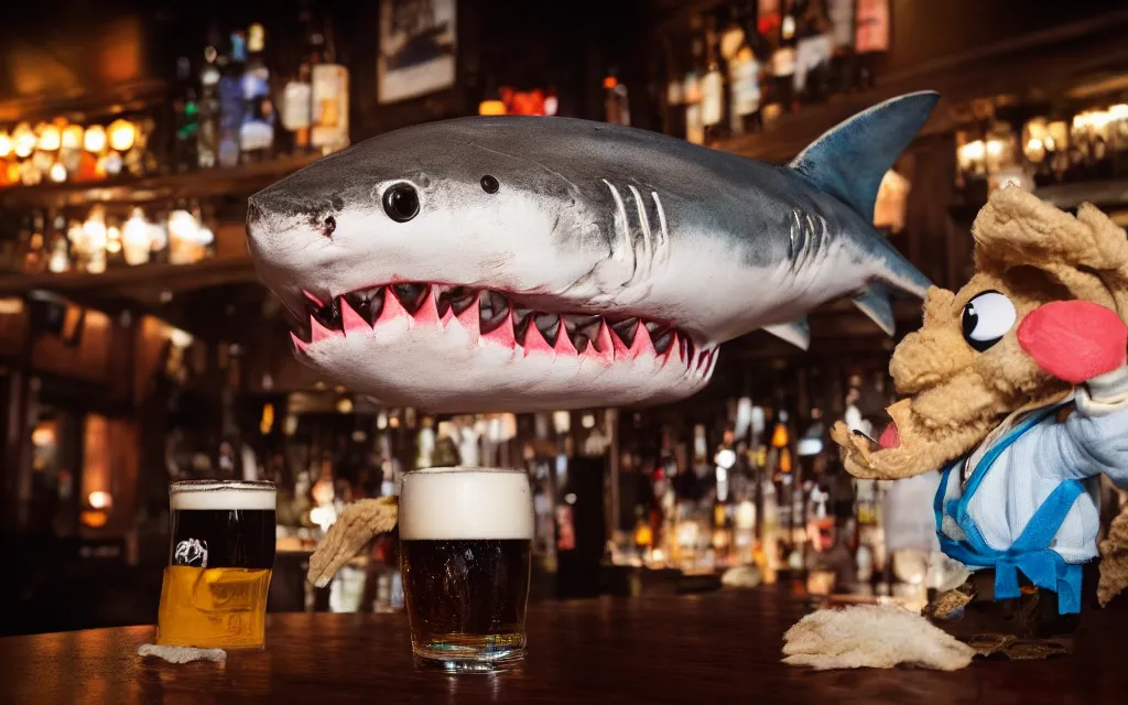 Image similar to Stuffed shark ordering a beer at a bar, plush toy, fish, dim lighting, 50mm, depth of field