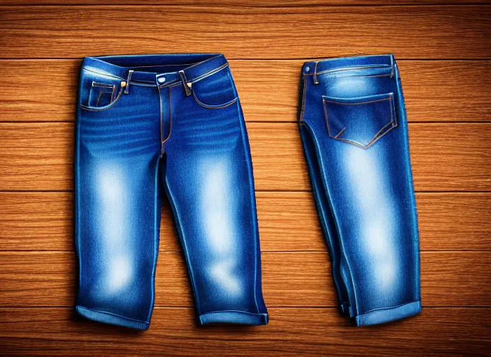 Prompt: clear highly detailed photorealistic topdown mockup product photograph of a realisticfolded pair of jeans on a wooden background