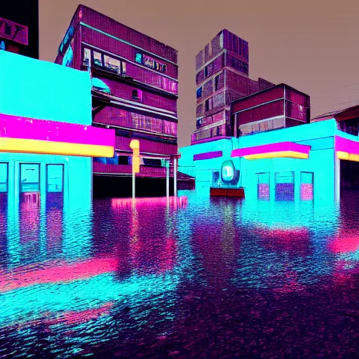 Image similar to 80s vaporwave outrun 3d Render of a german town being flooded, liminal space retro, grainy, noisy