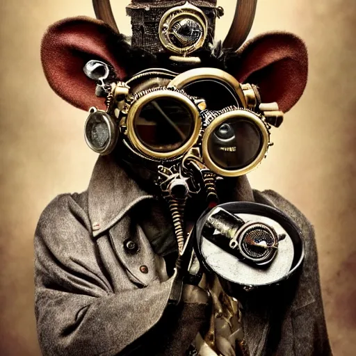 Image similar to a rat with steampunk googles, by Kirsty Mitchell