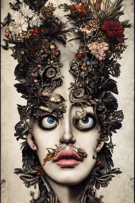 Image similar to Detailed maximalist portrait with large lips and wide white eyes, angry expression, HD 3D collage, highly detailed and intricate illustration in the style of Caravaggio and James Jean, surreal dark art, baroque