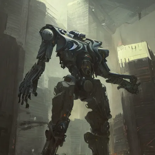 Image similar to concept art by greg rutkowski, a fifteen meter mecha in the shape of an hoplite, in a futuristic and brutalist environment, epic, uncanny atmosphere, low light, scary atmosphere, scifi, highly detailed portrait, digital painting, artstation, concept art, smooth, sharp foccus ilustration, artstation hq