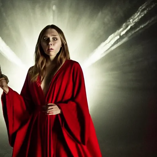 Image similar to a full body image of elizabeth olsen in a red wizards robe casting an evil spell, detailed face, red swirls, ominous lighting, night time, high quality