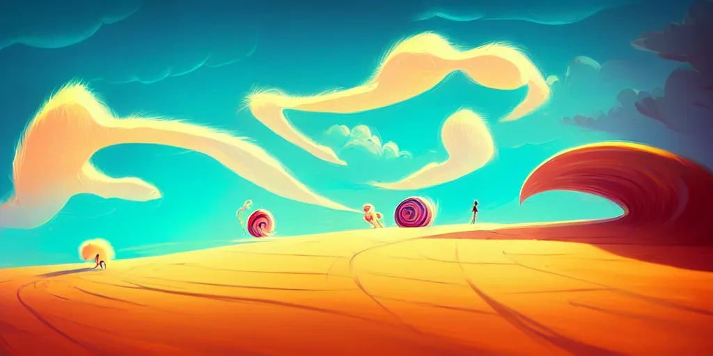 Prompt: curved perspective digital art, beach, sand, ocean, spiral clouds, anton fadeev. horton hears who!