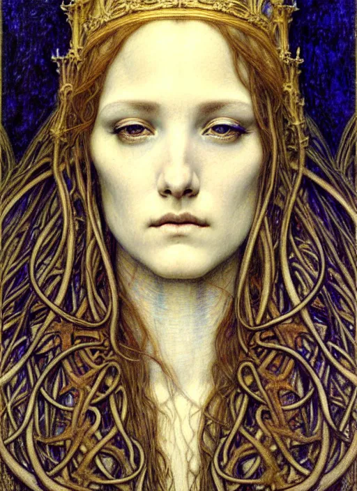 Image similar to detailed realistic beautiful young medieval queen face portrait by jean delville, gustave dore and marco mazzoni, art nouveau, symbolist, visionary, gothic, pre - raphaelite. horizontal symmetry