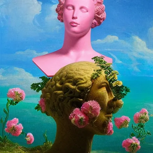 Image similar to award winning masterpiece with incredible details, a surreal vaporwave vaporwave vaporwave vaporwave vaporwave painting by Thomas Cole of an old pink mannequin head with flowers growing out, sinking underwater, highly detailed