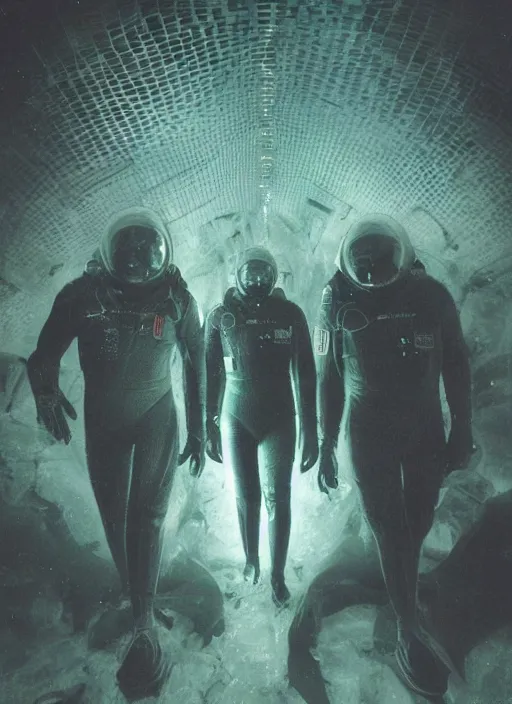 Image similar to astronauts in dark and empty void underwater - complex and hyperdetailed technical suit. reflection and dispersion materials. rays and dispersion of light. volumetric light. 5 0 mm, f / 3 2. noise film photo. flash photography. ultra realistic, wide angle. poster by wayne barlowe, hajime sorayama aaron horkey, craig mullins