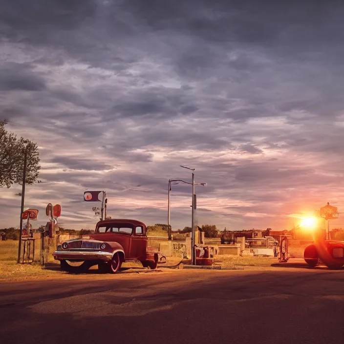 Image similar to a sunset light landscape with historical route 6 6, lots of sparkling details and sun ray ’ s, blinding backlight, smoke, volumetric lighting, colorful, octane, 3 5 mm, abandoned gas station, old rusty pickup - truck, beautiful epic colored reflections, very colorful heavenly, softlight