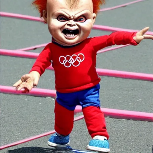 Prompt: screaming chucky doll doing long jump at the olympics