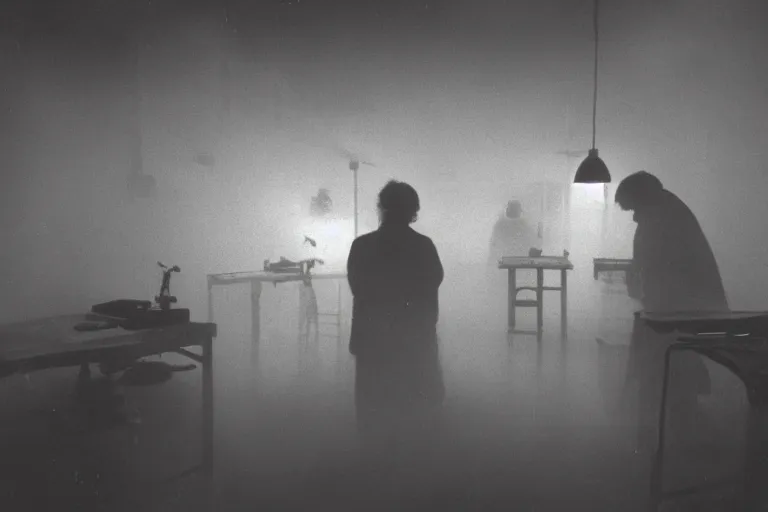 Image similar to experiment, laboratory, 1985, creepy, haunted, fog, atmospheric