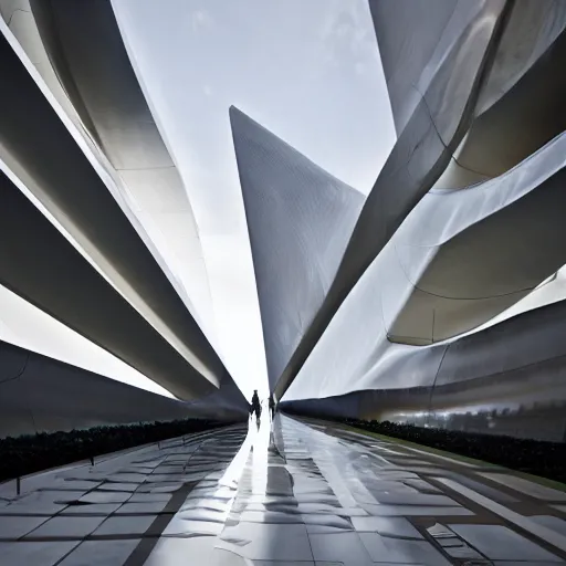 Image similar to a shiny and solemn memorial by zaha hadid