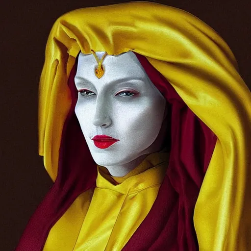 Prompt: a white pale masked priestess of the king in yellow, with a tight yellow silk robe, she wears a lot of luxury jewelry with red gems, fantasy, highly detailed, by peter morbacher