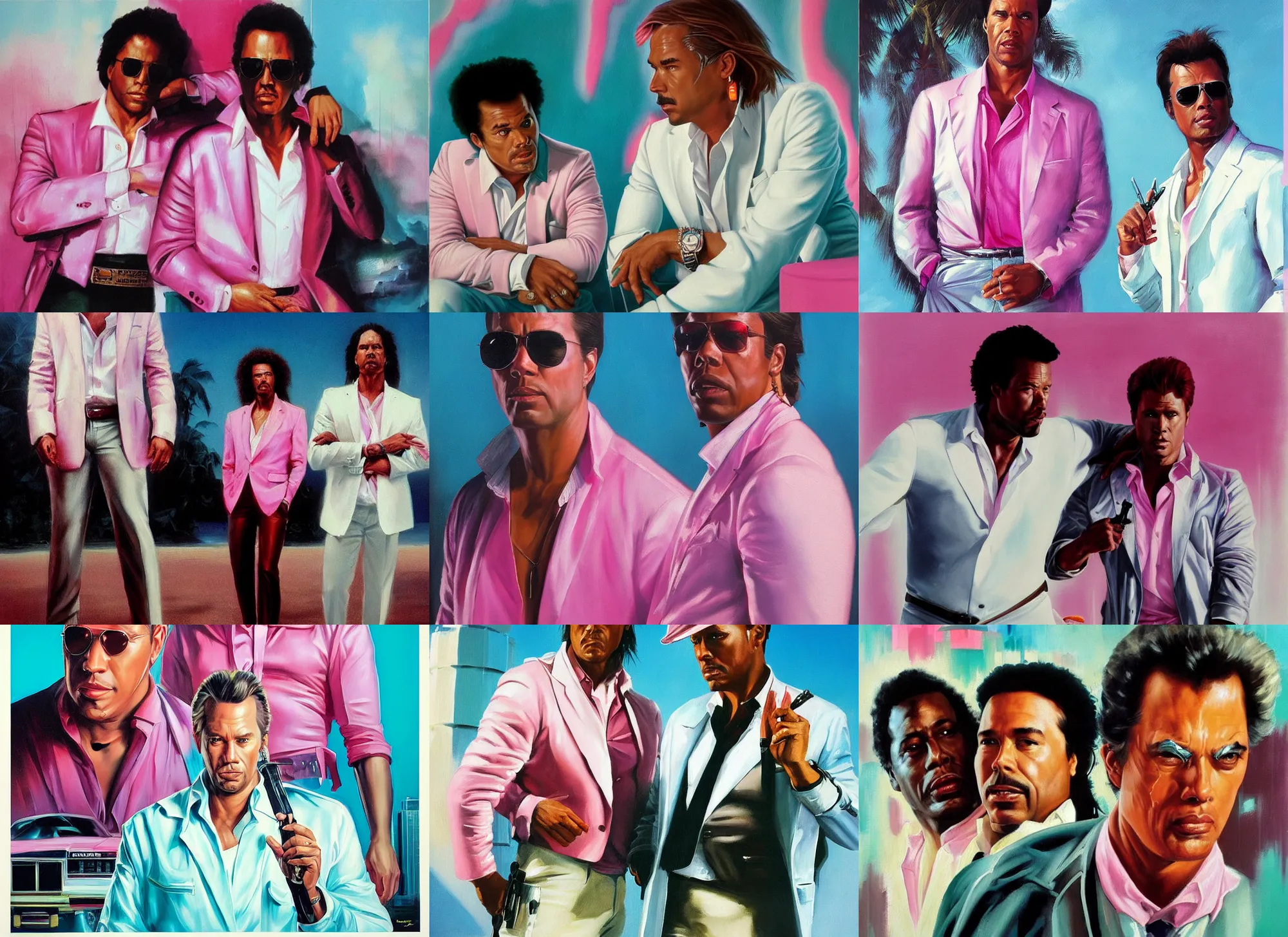 Prompt: an oil painting portrait of crockett and tubbs in eighties miami vice, pink white turquoise, ultra realistic, highly detailed faces, true to life, masterpiece, cinematic by frank frazetta, greg rutkowski, beeple, yoko taro, christian macnevin, beeple, wlop, krenz cushart, epic character art, volumetric lighting