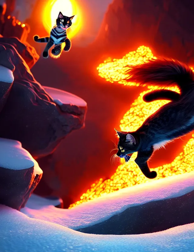 Prompt: a giant fire kitty jumping over frozen planet in a space, trending on artstation, cinematic composition, beautiful lighting, hyper detailed, 8 k, oil on canvas
