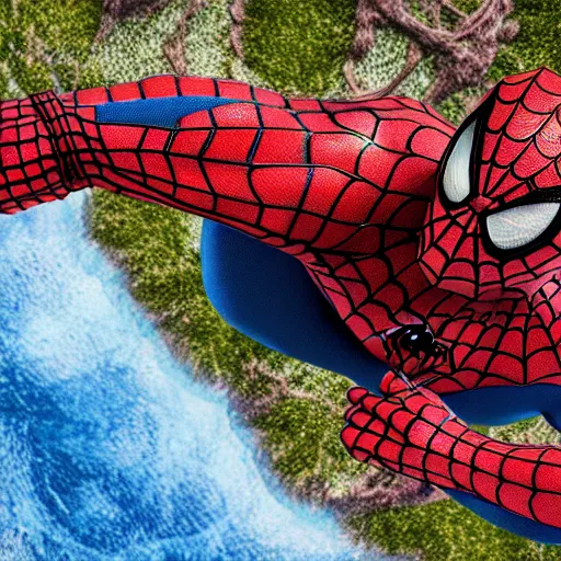 Prompt: spiderman frozen in carbonite, ultra realistic, intricate details, highly detailed, photorealistic, 8 k, vegetation, water, cave