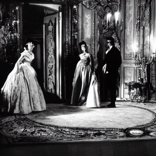 Prompt: ballroom scene from the leopard by luchino visconti with alain delon and claudia cardinale and a gorilla set in the 1 9 th century in an italian villa. technicolor!!!!, highly intricate, 5 0 mm