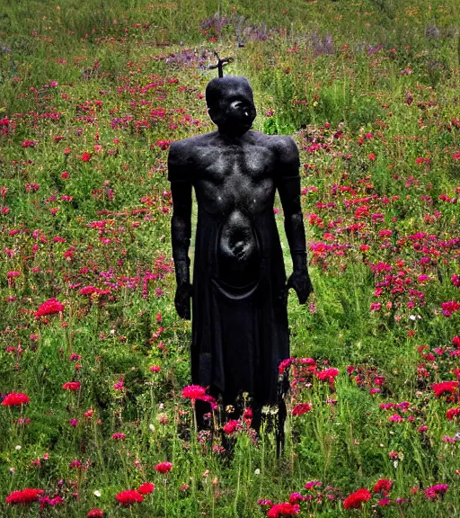 Image similar to mystical black death god figure standing in tall meadow of flowers, dslr photo, grainy, high detail, high resolution