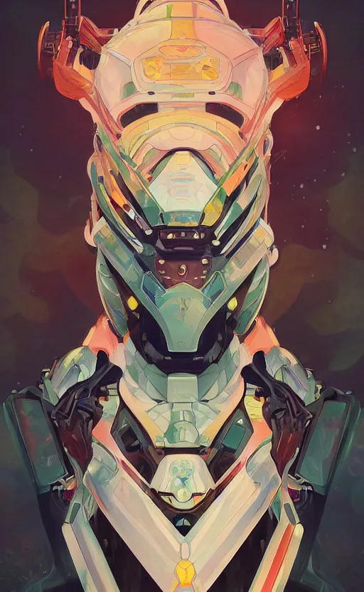 Image similar to upper half portrait of colourful army mecha robot, art by hsiao - ron cheng & alphonse mucha, highly detailed, digital painting, concept art, illustration, smooth sharp focus, intricate, symmetry, blcak background, black backdrop, png, artstation,