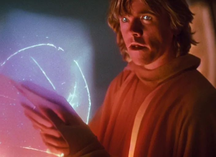 Prompt: screenshot of Luke skywalker uncovering the glowing ancient jedi texts. a pink hazy ethereal ancient Jedi cathedral, screenshot from the 1970s thriller directed by stanley kubrick, Photographed with Leica Summilux-M 24 mm lens, ISO 100, f/8, Portra 400, kodak film, anamorphic lenses