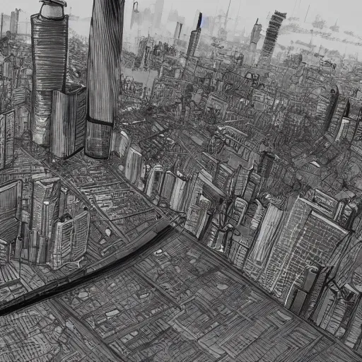 Image similar to concept art of tokyo city taken from drone by ashley wood and j. m. w. turner, speed painting, photo bash, cinematic angle, super detailing, monochrome