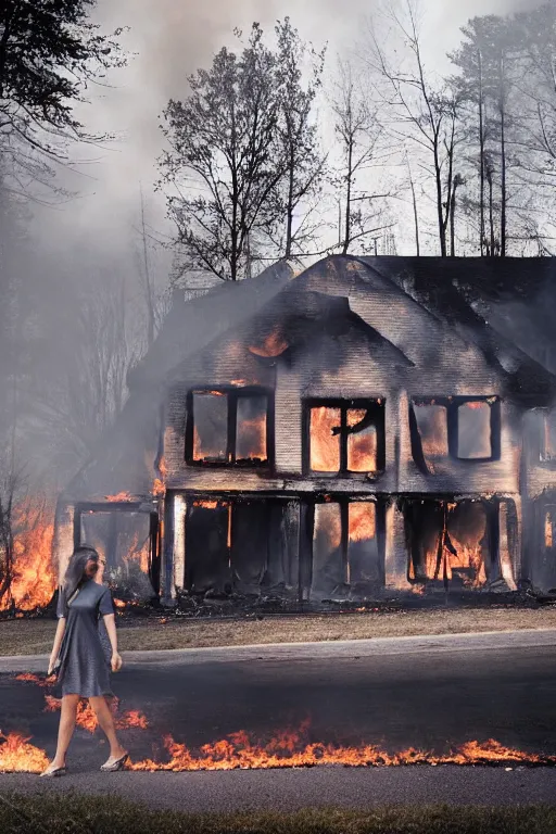 Image similar to Gregory Crewdson full color Photography, A woman walks calmly while her house is on fire