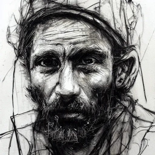 Prompt: portrait of a homeless man by guy denning