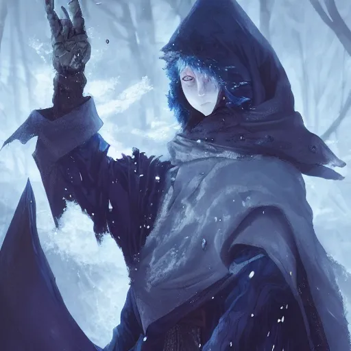 Image similar to hooded witch hunter frost mage ice wizard cold sorcerer portrait render unreal engine illustration, stephan matiniere, anato finnstark, yoshitaka amano, akihiko yoshida, takato yamamoto, ismail inceoglu, shingo matsunuma.