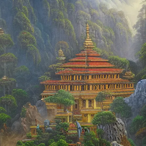 Prompt: a beautiful and highly detailed oil painting of an nepali temple in the kathmandu valley, detailed trees and cliffs, forgotten valley, swirling mist, lush forests, intricate details, epic scale, insanely complex, 8 k, sharp focus, hyper realism, fantasy landscape, psychedelic, by caspar friedrich,